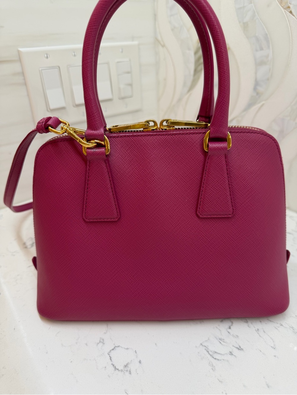 Prada Magenta Saffiano Mini Pyramid Bag with Gold Hardware. Excellent pre-loved. - Picture 6 of 15